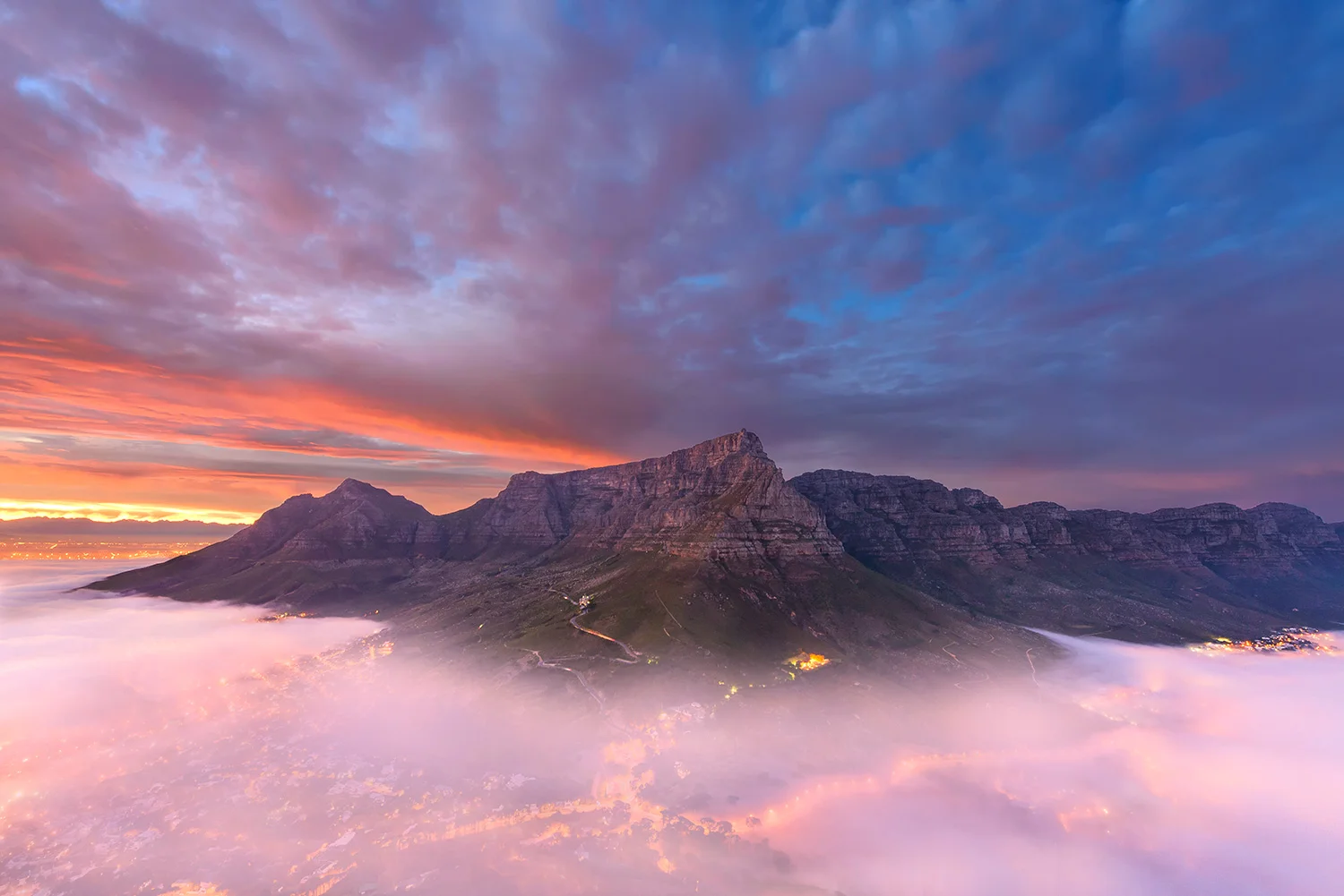 A stunning view of Table Mountain in Cape Town at sunset